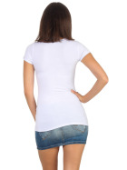 Damen langes T-Shirt Longshirt Rundhals Stretch Baumwolle, Weiß, 34-36