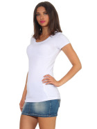 Damen langes T-Shirt Longshirt Rundhals Stretch Baumwolle, Weiß, 38-40
