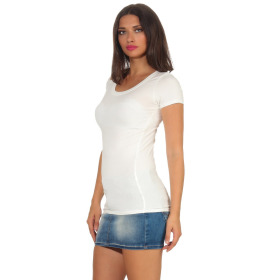 Damen langes T-Shirt Longshirt Rundhals Stretch Baumwolle, Creme, 38-40
