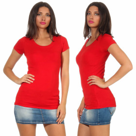 Damen langes T-Shirt Longshirt Rundhals Stretch Baumwolle, Rot, 36-38