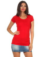 Damen langes T-Shirt Longshirt Rundhals Stretch Baumwolle, Rot, 36-38
