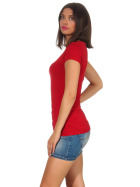 Damen langes T-Shirt Longshirt Rundhals Stretch Baumwolle, Dunkelrot 42, 36-38