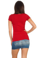 Damen langes T-Shirt Longshirt Rundhals Stretch Baumwolle, Dunkelrot 42, 36-38