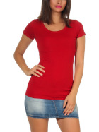 Damen langes T-Shirt Longshirt Rundhals Stretch Baumwolle, Dunkelrot 42, 40-42