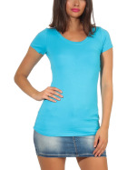 Damen langes T-Shirt Longshirt Rundhals Stretch Baumwolle, Hellblau, 34-36