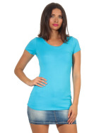 Damen langes T-Shirt Longshirt Rundhals Stretch Baumwolle, Hellblau, 34-36