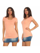 Damen langes T-Shirt Longshirt Rundhals Stretch Baumwolle, Pfirsisch 74, 34-36