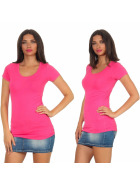 Damen langes T-Shirt Longshirt Rundhals Stretch Baumwolle, Pink 16, 36-38
