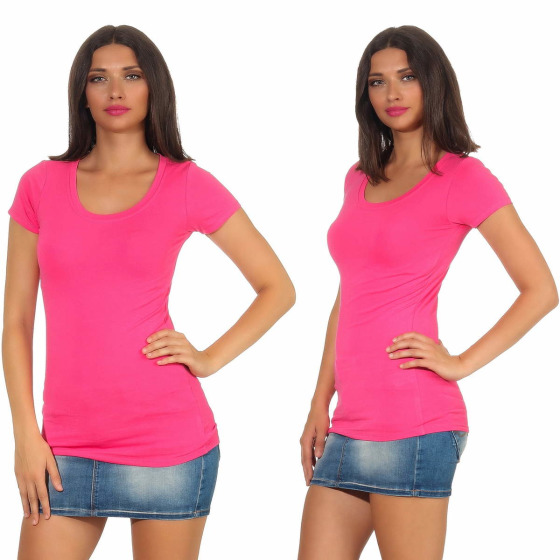 Damen langes T-Shirt Longshirt Rundhals Stretch Baumwolle, Pink 16, 38-40
