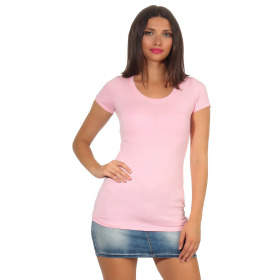 Damen langes T-Shirt Longshirt Rundhals Stretch Baumwolle, Rosa, 34-36