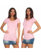Damen langes T-Shirt Longshirt Rundhals Stretch Baumwolle, Rosa, 34-36