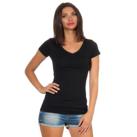 Damen langes T-Shirt Longshirt V-Ausschnitt Stretch Baumwolle, Schwarz, 34-36