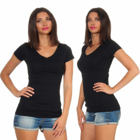 Jela London Damen Longshirt T-Shirt Stretch V-Ausschnitt, Schwarz 36 (M)