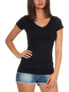 Damen langes T-Shirt Longshirt V-Ausschnitt Stretch Baumwolle, Schwarz, 34-36