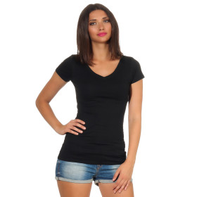 Jela London Damen Longshirt T-Shirt Stretch V-Ausschnitt, Schwarz 40 (XL)
