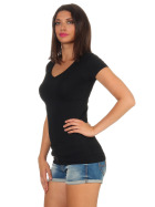 Damen langes T-Shirt Longshirt V-Ausschnitt Stretch Baumwolle, Schwarz, 38-40