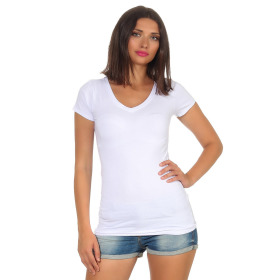 Damen langes T-Shirt Longshirt V-Ausschnitt Stretch Baumwolle, Weiß, 34-36