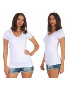Damen langes T-Shirt Longshirt V-Ausschnitt Stretch Baumwolle, Weiß, 34-36