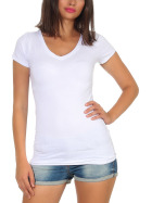 Jela London Damen Longshirt T-Shirt Stretch V-Ausschnitt, Weiß 36 (M)