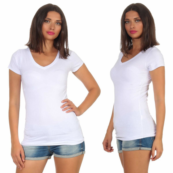 Damen langes T-Shirt Longshirt V-Ausschnitt Stretch Baumwolle, Weiß, 38-40