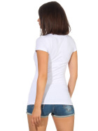Damen langes T-Shirt Longshirt V-Ausschnitt Stretch Baumwolle, Weiß, 38-40