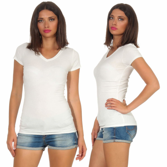 Damen langes T-Shirt Longshirt V-Ausschnitt Stretch Baumwolle, Creme, 34-36