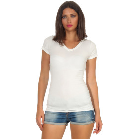 Damen langes T-Shirt Longshirt V-Ausschnitt Stretch Baumwolle, Creme, 34-36