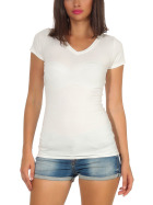 Damen langes T-Shirt Longshirt V-Ausschnitt Stretch Baumwolle, Creme, 38-40