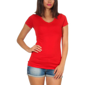 Damen langes T-Shirt Longshirt V-Ausschnitt Stretch Baumwolle, Rot, 34-36