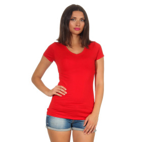 Jela London Damen Longshirt T-Shirt Stretch V-Ausschnitt, Rot 36 (M)
