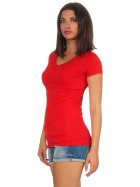 Damen langes T-Shirt Longshirt V-Ausschnitt Stretch Baumwolle, Rot, 34-36