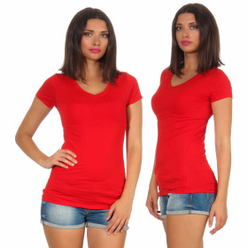Damen langes T-Shirt Longshirt V-Ausschnitt Stretch Baumwolle, Rot, 36-38