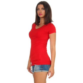 Damen langes T-Shirt Longshirt V-Ausschnitt Stretch Baumwolle, Rot, 36-38
