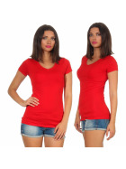 Jela London Damen Longshirt T-Shirt Stretch V-Ausschnitt, Rot 38 (L)