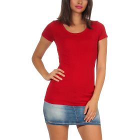 Damen langes T-Shirt Longshirt V-Ausschnitt Stretch Baumwolle, Dunkelrot 42, 34-36