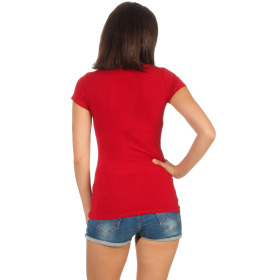 Damen langes T-Shirt Longshirt V-Ausschnitt Stretch Baumwolle, Dunkelrot 42, 36-38