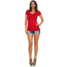 Damen langes T-Shirt Longshirt V-Ausschnitt Stretch Baumwolle, Dunkelrot 42, 36-38