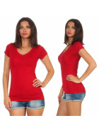 Damen langes T-Shirt Longshirt V-Ausschnitt Stretch Baumwolle, Dunkelrot 42, 38-40