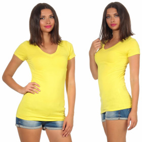 Damen langes T-Shirt Longshirt V-Ausschnitt Stretch Baumwolle, Gelb 152, 34-36