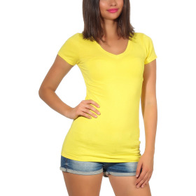 Damen langes T-Shirt Longshirt V-Ausschnitt Stretch Baumwolle, Gelb 152, 34-36