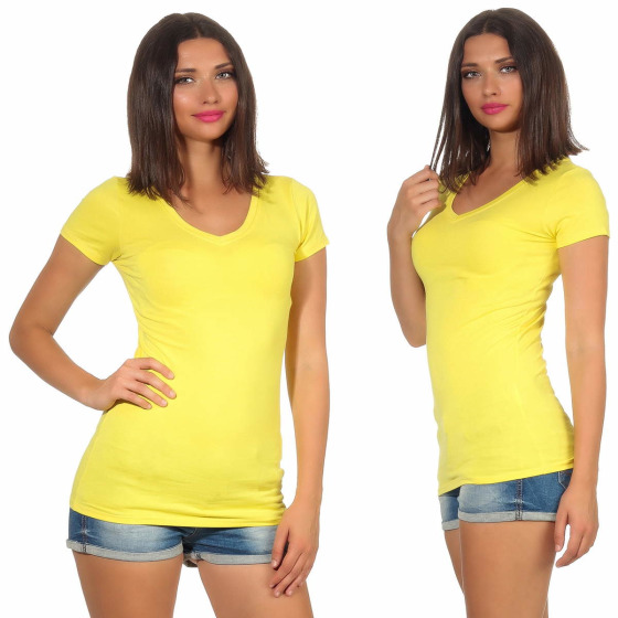 Damen langes T-Shirt Longshirt V-Ausschnitt Stretch Baumwolle, Gelb 152, 36-38