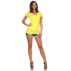 Jela London Damen Longshirt T-Shirt Stretch V-Ausschnitt, Gelb 38 (L)