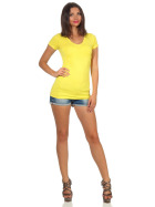 Damen langes T-Shirt Longshirt V-Ausschnitt Stretch Baumwolle, Gelb 152, 36-38