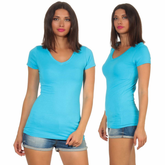 Damen langes T-Shirt Longshirt V-Ausschnitt Stretch Baumwolle, Hellblau, 36-38