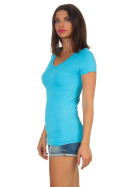 Damen langes T-Shirt Longshirt V-Ausschnitt Stretch Baumwolle, Hellblau, 36-38