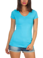Damen langes T-Shirt Longshirt V-Ausschnitt Stretch Baumwolle, Hellblau, 38-40