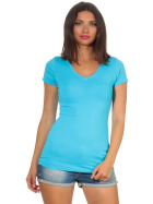 Damen langes T-Shirt Longshirt V-Ausschnitt Stretch Baumwolle, Hellblau, 38-40