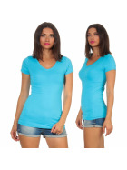 Damen langes T-Shirt Longshirt V-Ausschnitt Stretch Baumwolle, Hellblau, 40-42