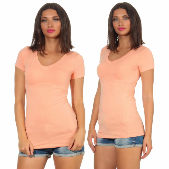 Damen langes T-Shirt Longshirt V-Ausschnitt Stretch Baumwolle, Pfirsisch, 34-36