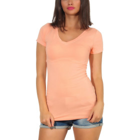 Damen langes T-Shirt Longshirt V-Ausschnitt Stretch Baumwolle, Pfirsisch, 34-36